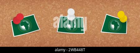 African Union flag pinned in cork board, three versions of African Union flag. Vector pushpins and flag set. Stock Vector