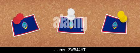 Guam flag pinned in cork board, three versions of Guam flag. Vector pushpins and flag set. Stock Vector