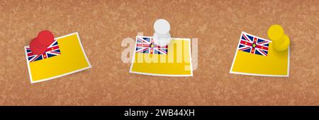 Niue flag pinned in cork board, three versions of Niue flag. Vector pushpins and flag set. Stock Vector