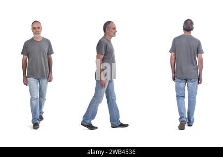 front side and back view of same man walking on white Stock Photo