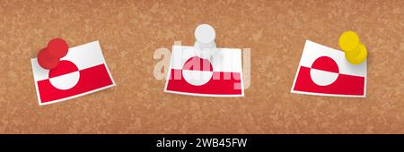 Greenland flag pinned in cork board, three versions of Greenland flag. Vector pushpins and flag set. Stock Vector