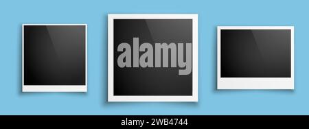A set of three retro photo frames on a blue background. Vintage paper photos for a keepsake album. Stock Vector
