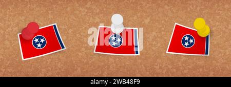 Tennessee flag pinned in cork board, three versions of Tennessee flag. Vector pushpins and flag set. Stock Vector
