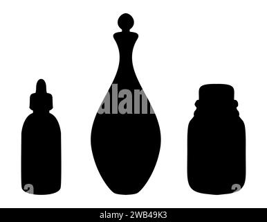 Silhouettes of Glass Bottles and Carafe. Vector illustration of Decanter and Flacons for Spa or medicine design painted by black inks on white backgrounds. Monochrome vintage Flagon for essential oil. Stock Vector