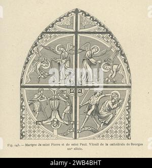 Martyrdom of Saint Peter and Saint Paul depicted in a stained glass window in Bourges Cathedral, dating from the 12th century.  Illustration from 'L'ancienne France: les arts et métiers au Moyen-Âge. Etude illustrée sur le Moyen--Âge et la Renaissance d'après les ouvrages de M. Paul Lacroix', published in 1887 by Firmin-Didot (Paris). Stock Photo