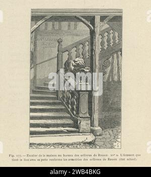 Staircase of the house or office of the goldsmiths of Rouen; dating from the 15th century. The coat of arms of the goldsmiths of Rouen can be seen on the shield held by the lion with its paw.  Illustration from 'L'ancienne France: les arts et métiers au Moyen-Âge. Etude illustrée sur le Moyen--Âge et la Renaissance d'après les ouvrages de M. Paul Lacroix', published in 1887 by Firmin-Didot (Paris). Stock Photo