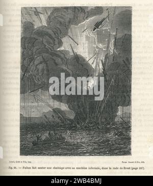 In August 1801, the Nautilus, a submarine invented by Robert Fulton, tried to torpedo a ship in Brest harbour.  Illustration from 'Les Merveilles de la science ou description populaire des inventions modernes' written by Louis Figuier and published in 1867 by Furne, Jouvet et Cie. Stock Photo