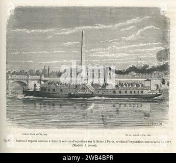 A paddlewheel steamboat designed to provide an omnibus service on the Seine in Paris during the 1867 World's Fair.  Illustration from 'Les Merveilles de la science ou description populaire des inventions modernes' written by Louis Figuier and published in 1867 by Furne, Jouvet et Cie. Stock Photo