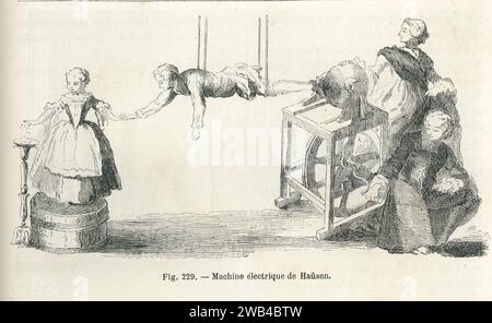 Experiment conducted by the German physicist Christian August Hausen demonstrating the phenomenon of electrical conductivity. Circa 1720  Illustration from 'Les Merveilles de la science ou description populaire des inventions modernes' written by Louis Figuier and published in 1867 by Furne, Jouvet et Cie. Stock Photo