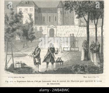 Experiment carried out by the French scientist Louis Guillaume Le Monnier in which he obtained a temporary electric current in a long conductor connected to a Leyden jar. He demonstrated that the speed of propagation of the electric current was almost instantaneous. 1746  Illustration from 'Les Merveilles de la science ou description populaire des inventions modernes' written by Louis Figuier and published in 1867 by Furne, Jouvet et Cie. Stock Photo