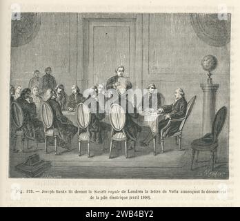 The English naturalist Joseph Banks reading to the Royal Society of London the letter from the Italian physicist Alessandro Volta announcing the discovery of the electrican battery the Voltaic pile). April 1800  Illustration from 'Les Merveilles de la science ou description populaire des inventions modernes' written by Louis Figuier and published in 1867 by Furne, Jouvet et Cie. Stock Photo