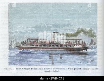 A propeller-driven steamboat designed to provide an omnibus service on the Seine in Paris during the 1867 World's Fair.  Illustration from 'Les Merveilles de la science ou description populaire des inventions modernes' written by Louis Figuier and published in 1867 by Furne, Jouvet et Cie. Stock Photo