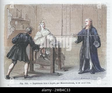 The Leyden jar experiment: the Dutch physicist Pieter van Musschenbroek tests the conductivity of electricity and is electrocuted. 20th April 1746.  Illustration from 'Les Merveilles de la science ou description populaire des inventions modernes' written by Louis Figuier and published in 1867 by Furne, Jouvet et Cie. Stock Photo