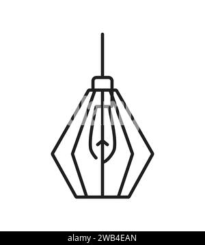 Pendant light or ceiling lamp line icon for home lighting fixture in outline vector. Hanging lamp light with lightbulb and lampshade of metal wire frame, interior design element and house illumination Stock Vector