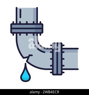 Plumbing service color icon, water pipes leakage and broken pipeline repair, outline vector. Plumber service works icon for toilet, bathroom or kitchen pipes or drain sewerage repair and problems fix Stock Vector