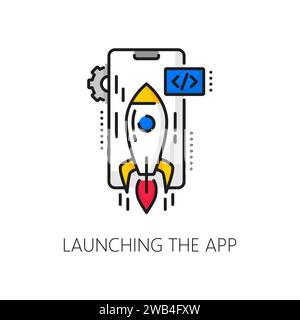 Web application develop and launching, cellphone software coding, mobile app optimization linear icon. Web service, mobile application development thin line vector icon with phone, taking off rocket Stock Vector