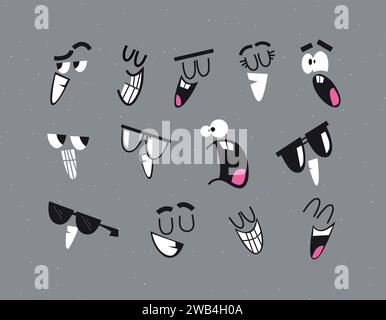 Emotion smile faces drawing in cartoon style on grey background Stock Vector