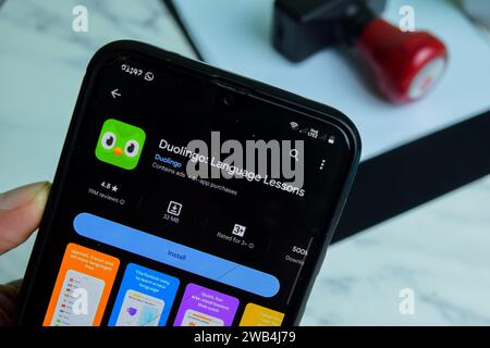 Duolingo - Language Lessons application on Smartphone screen. Duolingo is a freeware web browser developed by Duolingo. Bekasi, Indonesia, Januay 8, 2 Stock Photo