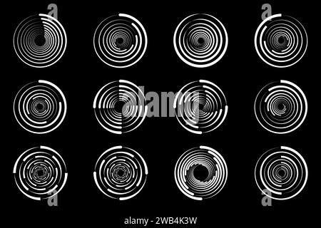 Set black thick halftone dashed speed lines. Design element for frame, logo, tattoo, web pages, prints, posters, template. Velocity lines in the shape Stock Vector