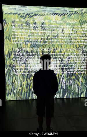 Child Viewing biography at the Beyond Van Gogh Immersive Experience in Regina Stock Photo