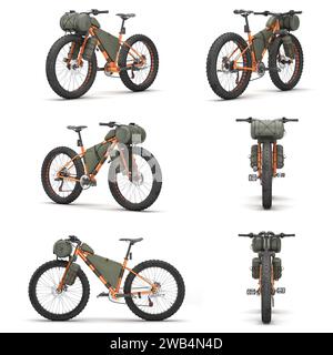 set of modern mountain tourist orang bicycle with accessories 3d render on white Stock Photo