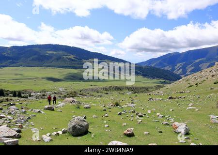 August 31 2023 - Semyonovka, Kyrchyn Valley in Kyrgyzstan: People enjoy the nature in the north of Kyrgyzstan mountains Stock Photo