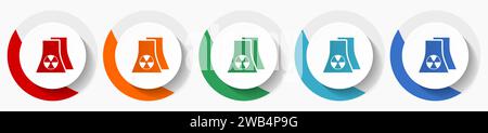 Nuclear power plant vector icon set, flat icons for logo design, webdesign and mobile applications, colorful round buttons Stock Vector