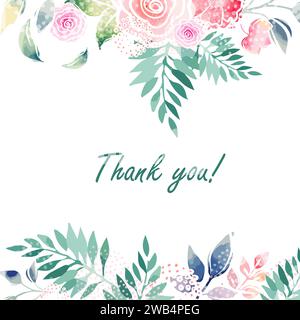 Postcard. Thank you text on a background of watercolor flowers. hand drawing. Not AI, Vector illustration Stock Vector