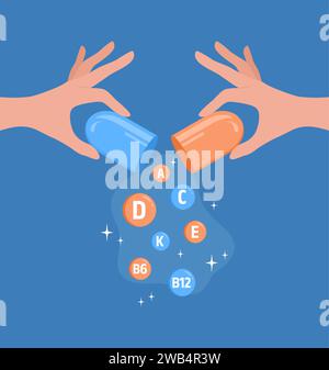Two hands holding an open capsule and vitamins pouring out of it. Vector illustration in flat style Stock Vector