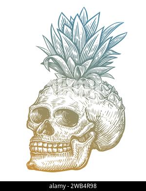 Pineapple skull. Tropical vacation, print. Hand drawn sketch vector illustration Stock Vector