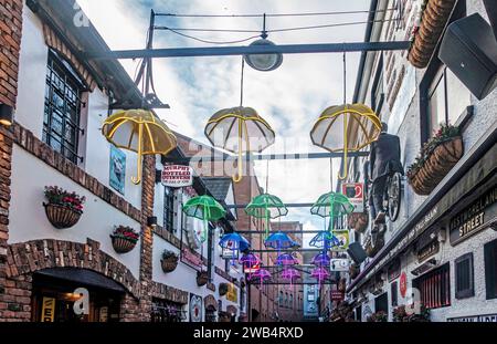 The Commercial Court in the Cathedral Quarter of Belfast, Northern Ireland. Once the commercial heart of the city, it is decorated with old mementoes. Stock Photo