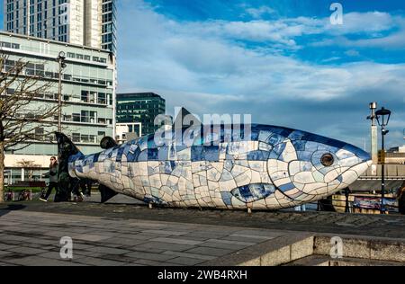 A ceramic sculpture by John Kindness, The Big Fish on Donegall Quay, Belfast Northern Ireland. Stock Photo