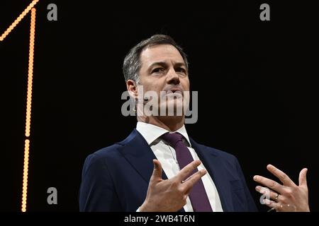 Brussels, Belgium. 08th Jan, 2024. Prime Minister Alexander De Croo pictured during the new year's reception of VOKA (Vlaams Netwerk van ondernemingen, Flemish netwerk of companies) with the launch of the VOKA federal and Flemish election memorandum, Monday 08 January 2024 in Brussels. BELGA PHOTO DIRK WAEM Credit: Belga News Agency/Alamy Live News Stock Photo