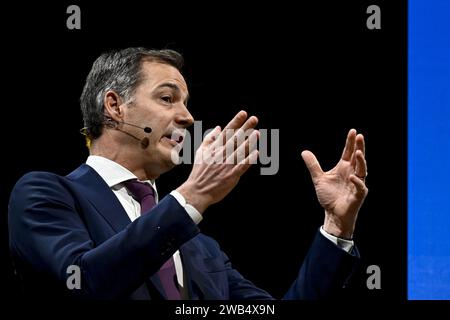 Brussels, Belgium. 08th Jan, 2024. Prime Minister Alexander De Croo pictured during the new year's reception of VOKA (Vlaams Netwerk van ondernemingen, Flemish netwerk of companies) with the launch of the VOKA federal and Flemish election memorandum, Monday 08 January 2024 in Brussels. BELGA PHOTO DIRK WAEM Credit: Belga News Agency/Alamy Live News Stock Photo