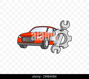 Auto repair shop, car, wrench and gear, colored graphic design. Automobile, automotive, mechanic, transport and transportation, vector design Stock Vector