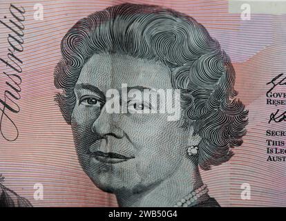 Australian currency, polymer notes, and coins featuring Australian animals on the front side and Queen Elizabeth ii on the back side! Stock Photo