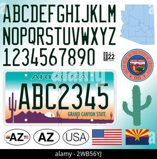 Arizona State car license plate pattern, letters, numbers and symbols, vector illustration, USA, Un ited States of America Stock Vector