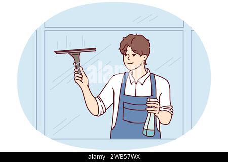 Man washes windows using brush and spray bottle with detergent, outside view of building. Guy employee of cleaning company in work uniform cleans up business center. Flat vector illustration Stock Vector