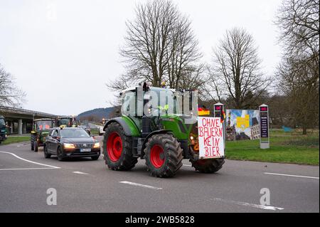 Farmer protest, denounce government plan for abolish agricultural diesel and vehicle tax exemptions, demonstration with tractors in the city of Trier, Stock Photo