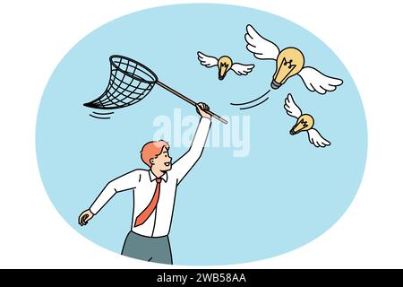 Motivated businessman with net catching lightbulbs flying in air. Smiling male employee with scoop-net run after light bulbs strive for innovation and breakthrough. Vector illustration. Stock Vector