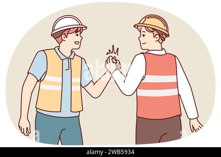 Two men in uniform of builders or repairmen shake hands holding each others palms tightly. Young guys in reflective vests and safety helmets demonstrate unity and solidarity. Flat vector design Stock Vector