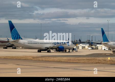 Dulles Airport, Washington DC USA - January 8, 2024 United Airlines Boeing 737 Max 9 jet N77558 grounded on the tarmac at Dulles Airport IAD Stock Photo