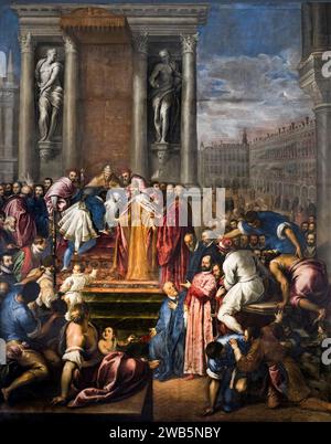 (Venice) Il Papa permette a Ottone di recarsi presso il padre per trattare la pace - Jacopo Palma il Giovane - Sala del Maggior Consiglio. Stock Photo
