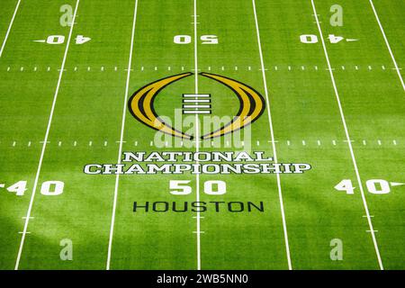 Houston, Texas, USA. 08th Jan, 2024. National Championship logo at midfield prior to College Football Playoff National Championship game action between the Washington Huskies and the Michigan Wolverines at NRG Stadium in Houston, Texas. John Mersits/CSM/Alamy Live News Stock Photo