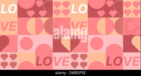 Geometric seamless pattern love theme bauhaus pink. Valentines day. Fabric packaging design. Vector illustration. Stock Vector