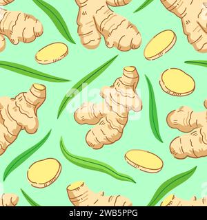Seamless pattern with ginger roots, slices and leaves. Vector illustration. Stock Vector