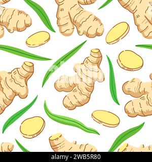 Seamless pattern with ginger roots, slices and leaves. Vector illustration. Stock Vector