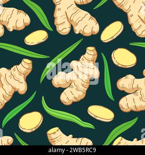 Seamless pattern with ginger roots, slices and leaves. Vector illustration. Stock Vector