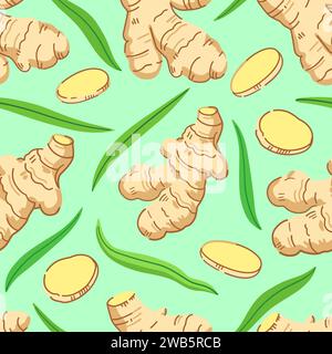 Seamless pattern with ginger roots, slices and leaves. Vector illustration. Stock Vector
