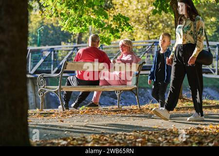 Elderly couple finding solace and joy as they rest on a park bench, engaged in heartfelt conversation, following a rejuvenating strol a testament to Stock Photo